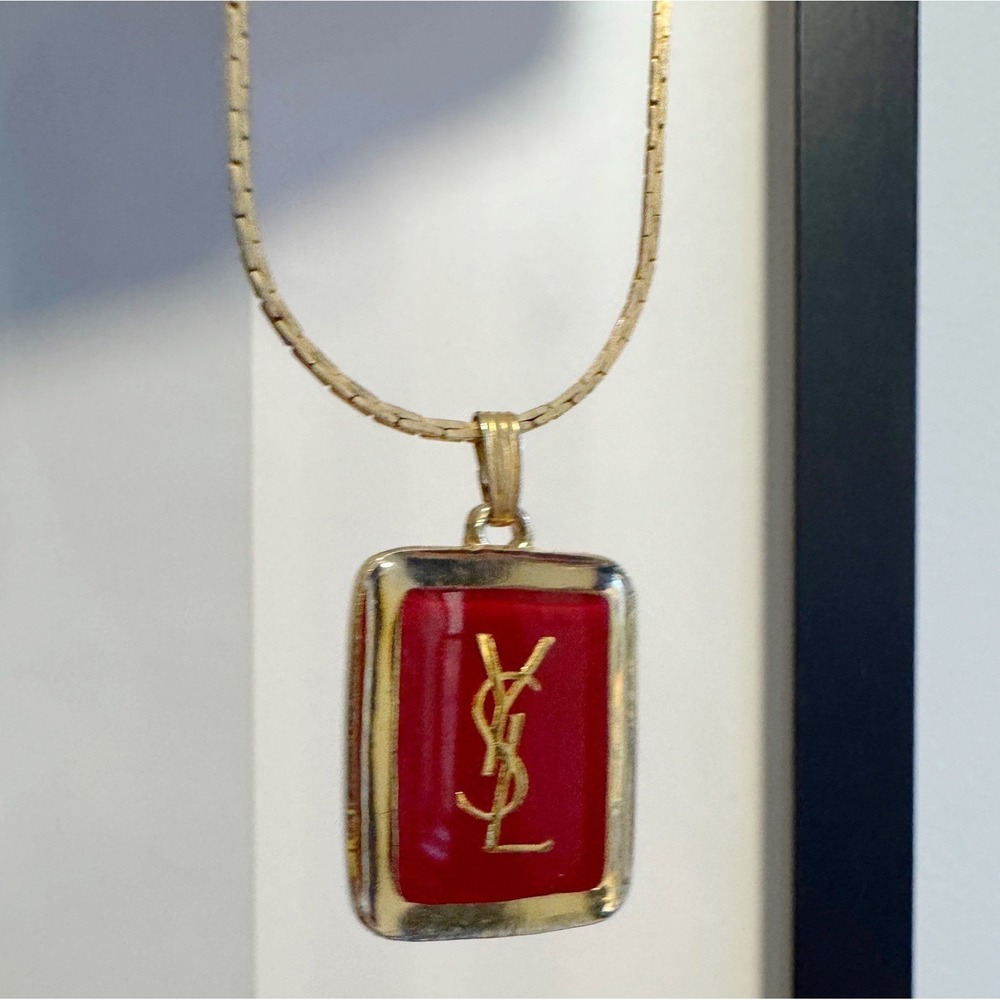 Yves Saint Laurent Necklace YSL Red Logo Pendant Gold-tone Chain Vintage Jewelry